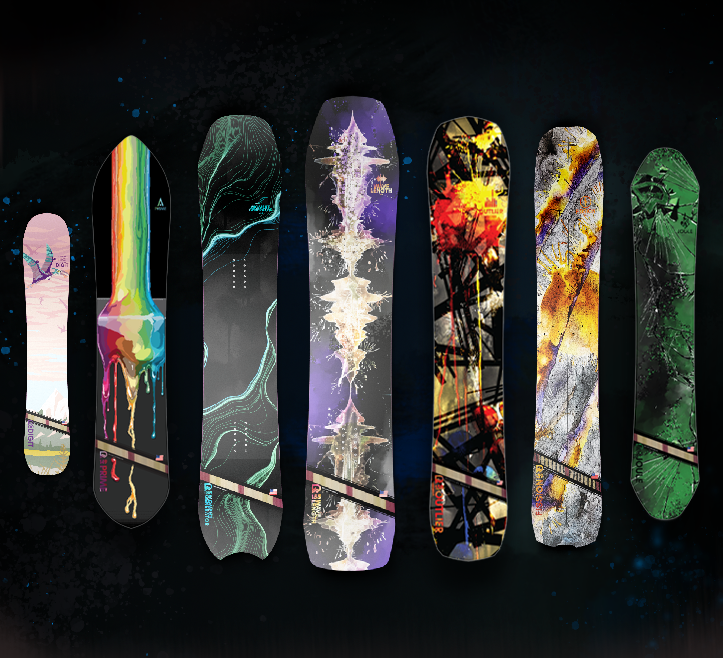 Deviation Works Snowboard Lineup that showcases 7 models and 7 different graphic designs on the topsheets